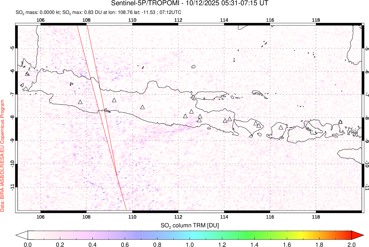 A sulfur dioxide image over Java, Indonesia on Oct 12, 2025.