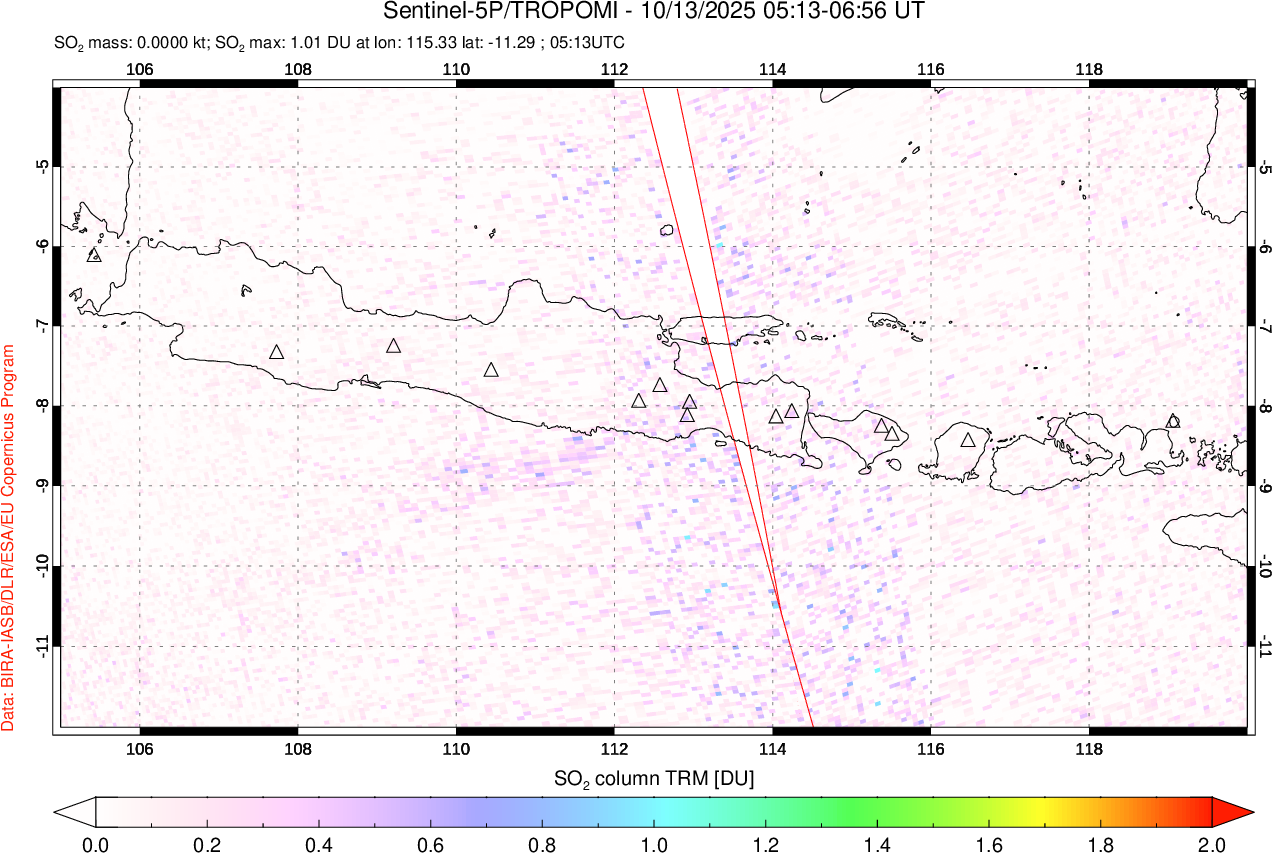 A sulfur dioxide image over Java, Indonesia on Oct 13, 2025.