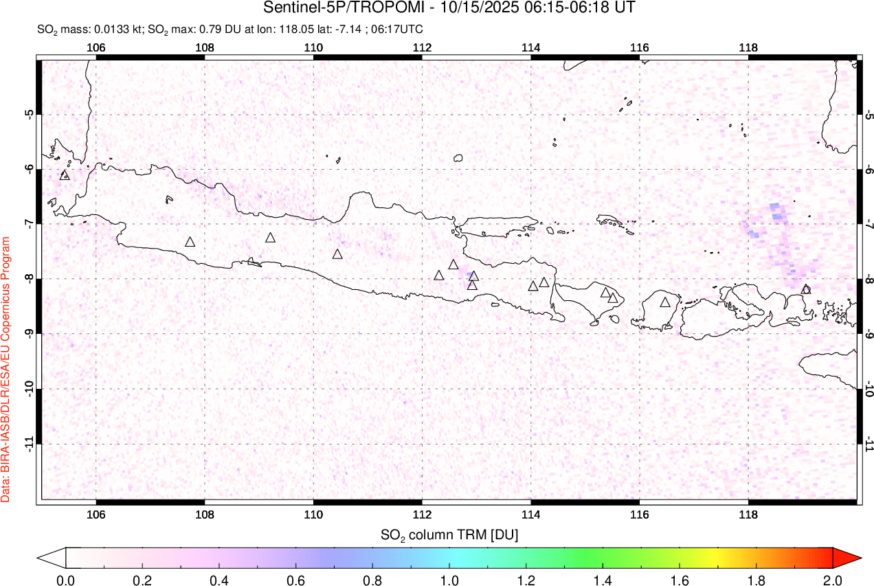 A sulfur dioxide image over Java, Indonesia on Oct 15, 2025.