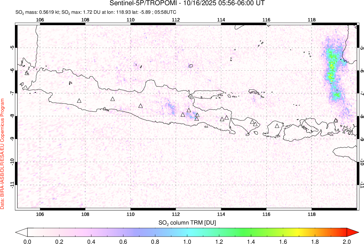 A sulfur dioxide image over Java, Indonesia on Oct 16, 2025.