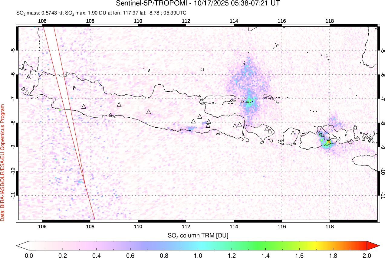 A sulfur dioxide image over Java, Indonesia on Oct 17, 2025.