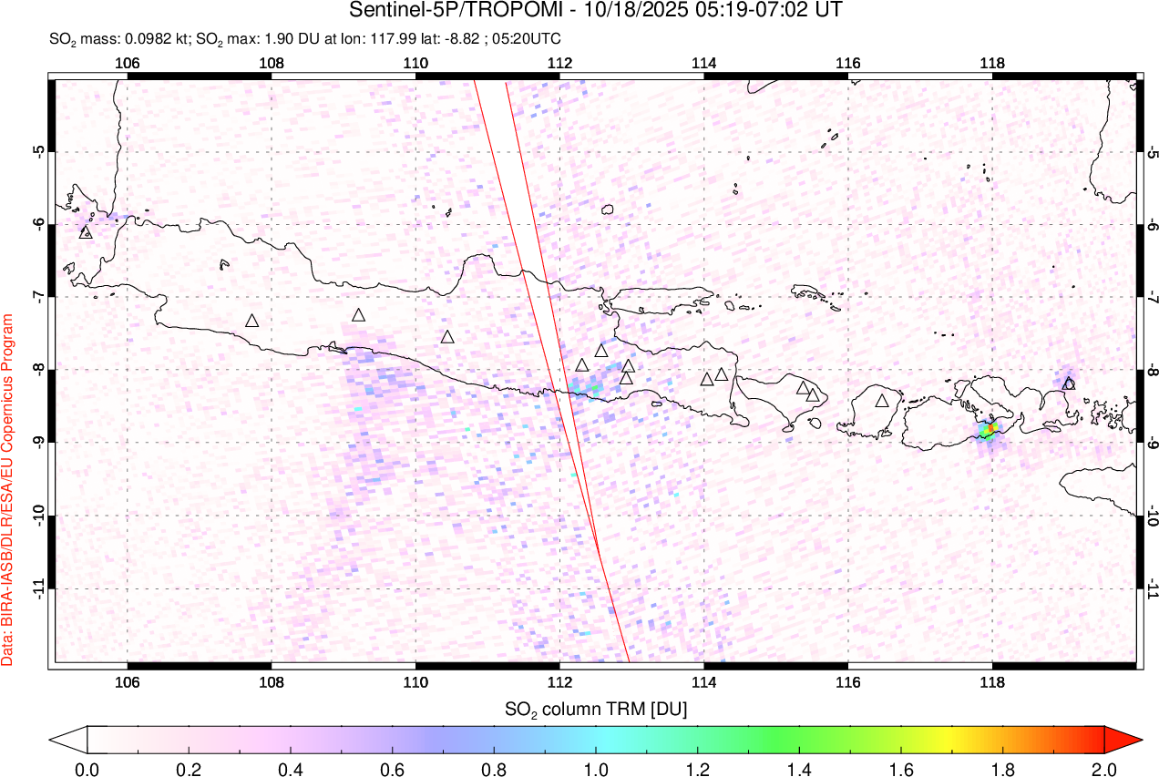 A sulfur dioxide image over Java, Indonesia on Oct 18, 2025.