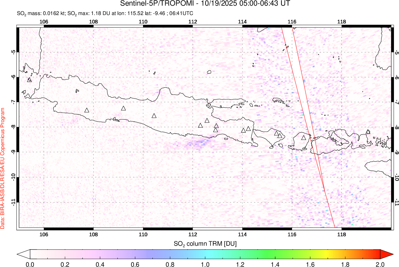 A sulfur dioxide image over Java, Indonesia on Oct 19, 2025.