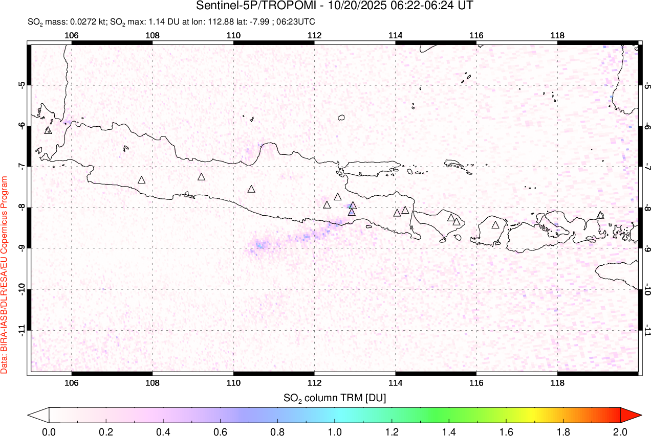 A sulfur dioxide image over Java, Indonesia on Oct 20, 2025.