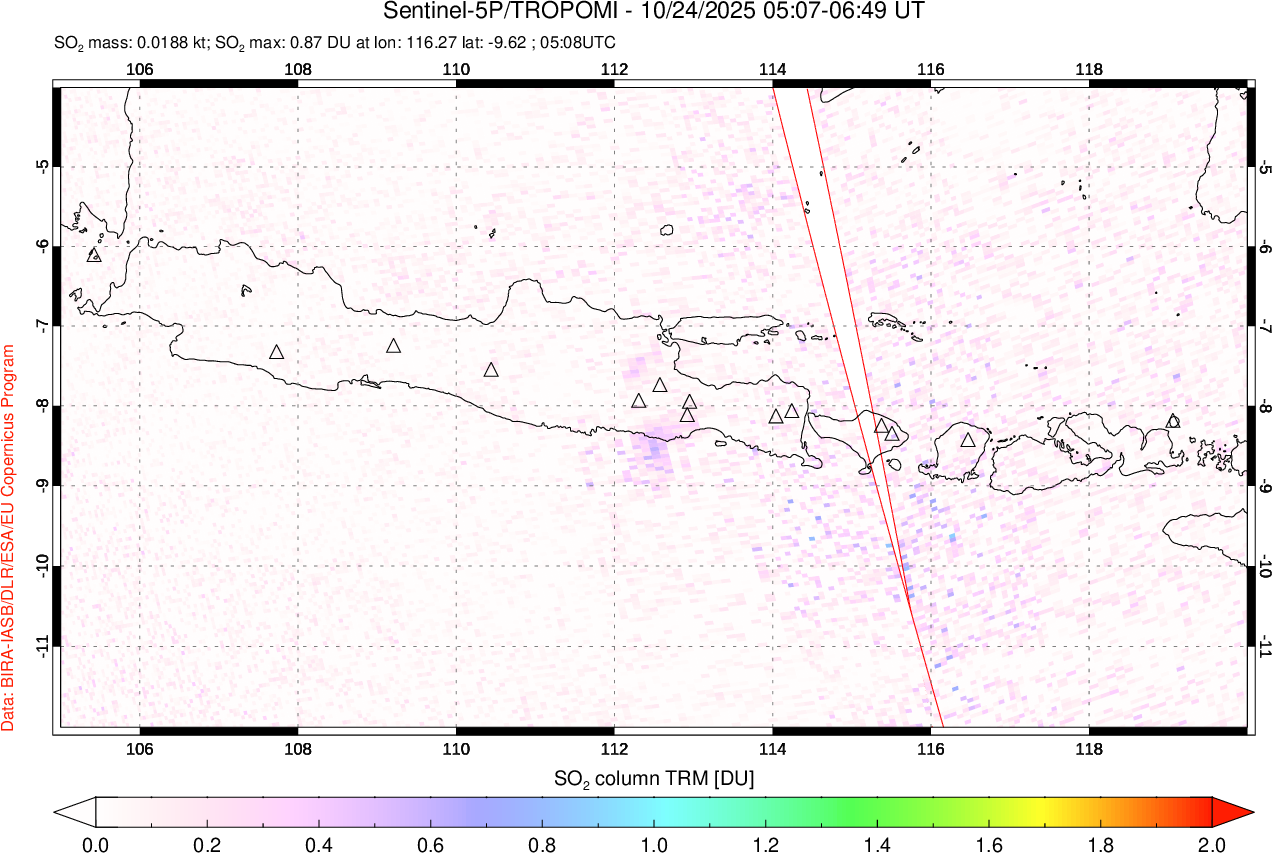 A sulfur dioxide image over Java, Indonesia on Oct 24, 2025.