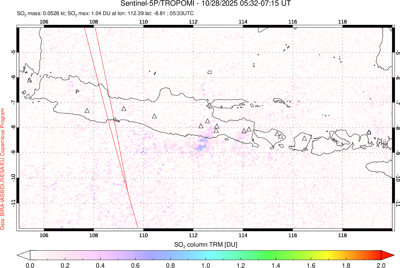 A sulfur dioxide image over Java, Indonesia on Oct 28, 2025.