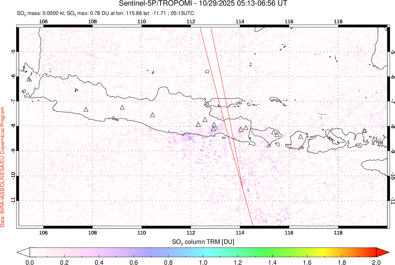 A sulfur dioxide image over Java, Indonesia on Oct 29, 2025.