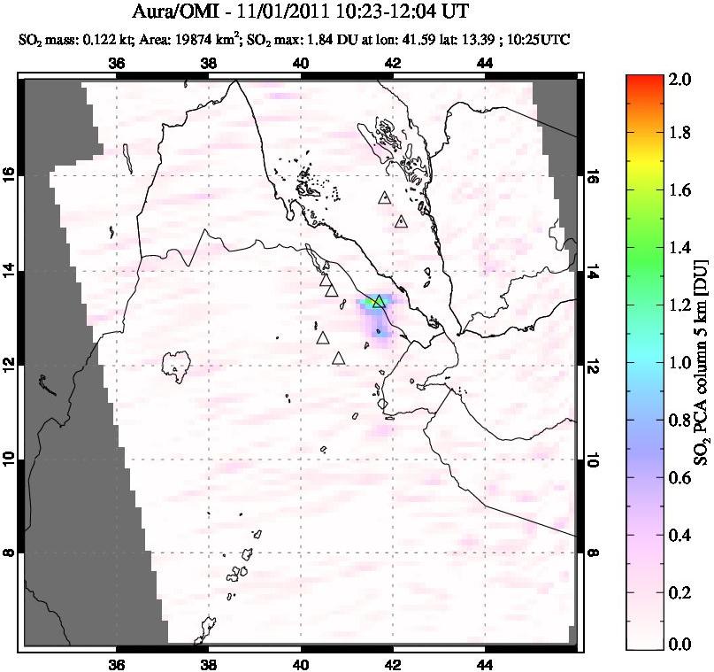 A sulfur dioxide image over Afar and southern Red Sea on Nov 01, 2011.