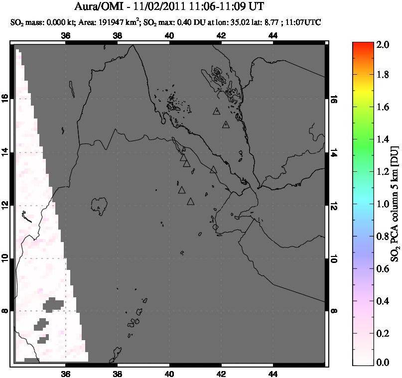 A sulfur dioxide image over Afar and southern Red Sea on Nov 02, 2011.