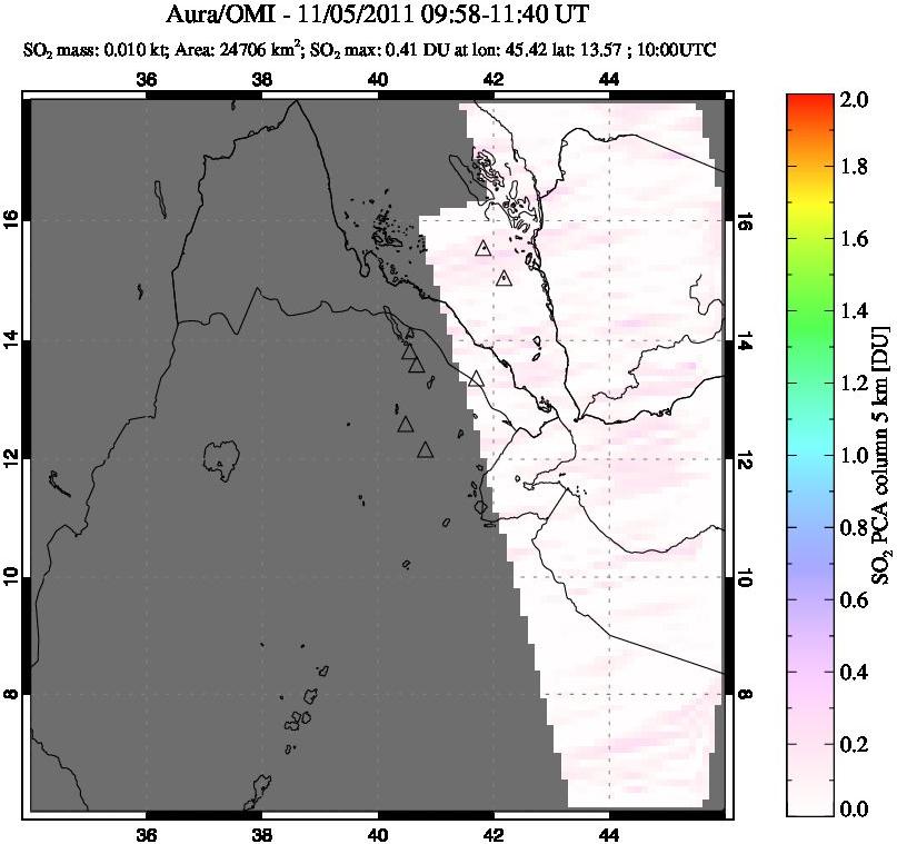 A sulfur dioxide image over Afar and southern Red Sea on Nov 05, 2011.