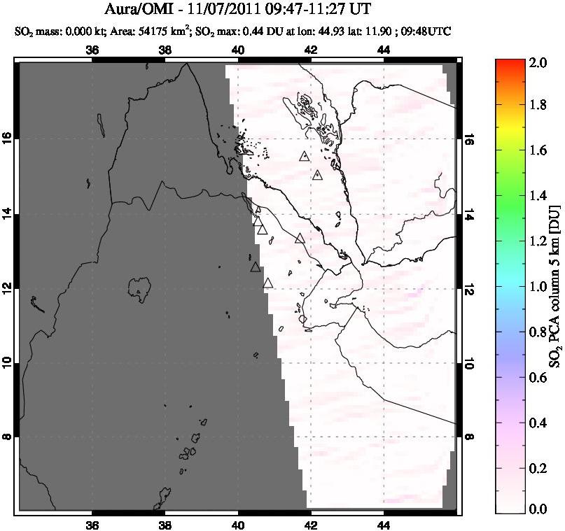 A sulfur dioxide image over Afar and southern Red Sea on Nov 07, 2011.
