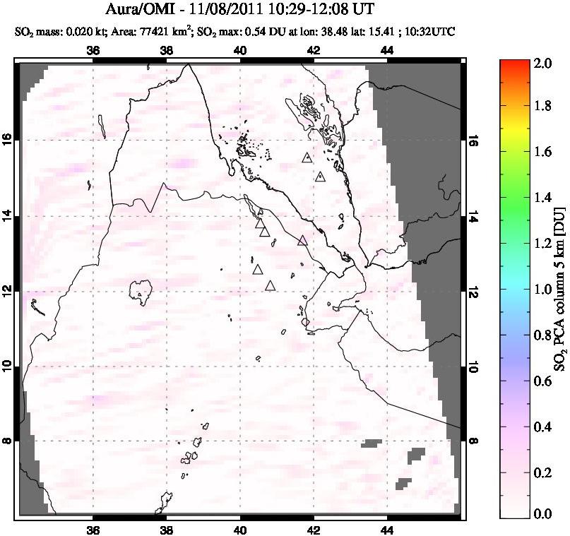A sulfur dioxide image over Afar and southern Red Sea on Nov 08, 2011.