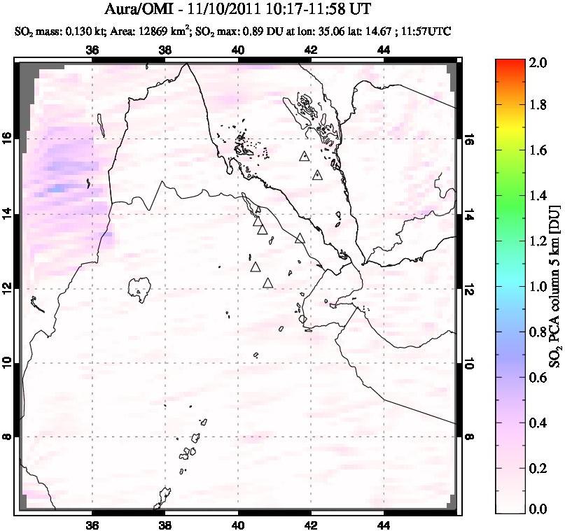 A sulfur dioxide image over Afar and southern Red Sea on Nov 10, 2011.