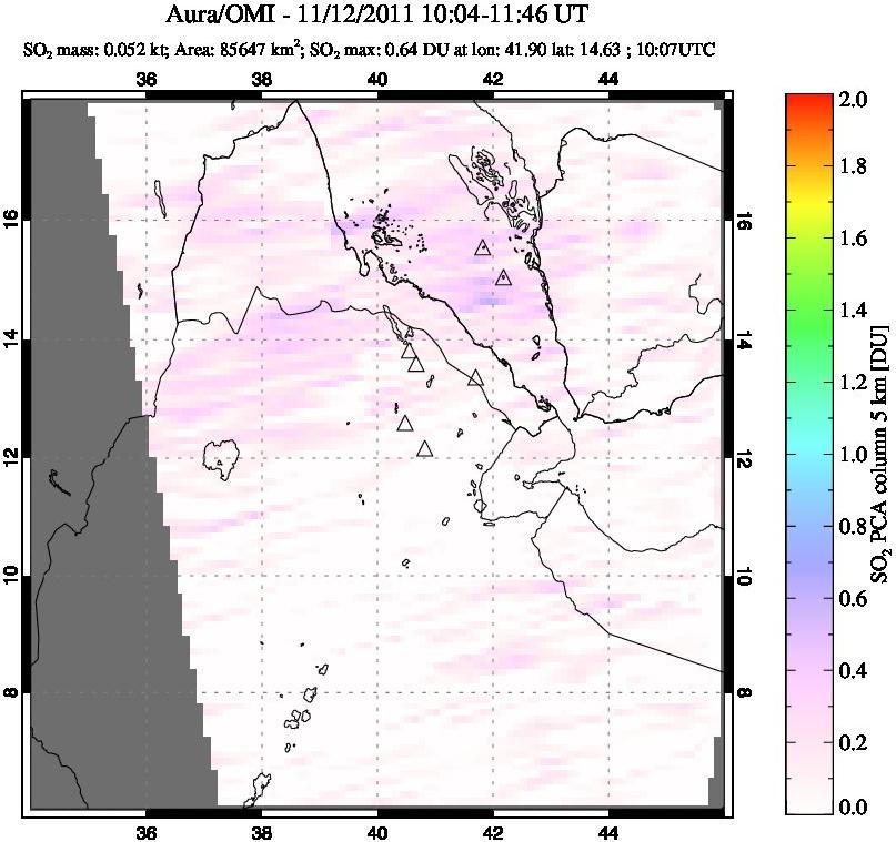 A sulfur dioxide image over Afar and southern Red Sea on Nov 12, 2011.