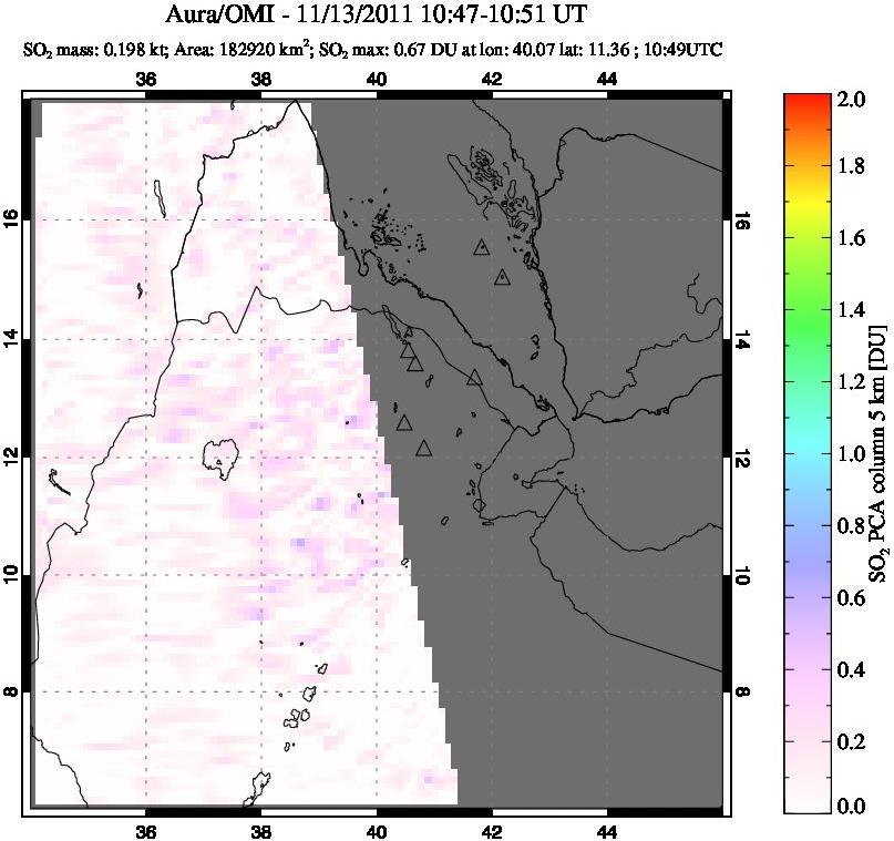 A sulfur dioxide image over Afar and southern Red Sea on Nov 13, 2011.