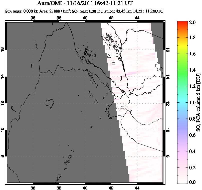 A sulfur dioxide image over Afar and southern Red Sea on Nov 16, 2011.