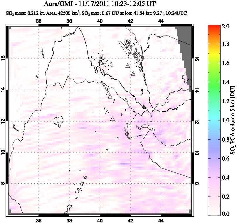 A sulfur dioxide image over Afar and southern Red Sea on Nov 17, 2011.
