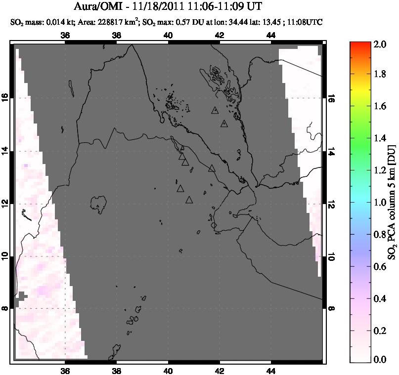 A sulfur dioxide image over Afar and southern Red Sea on Nov 18, 2011.
