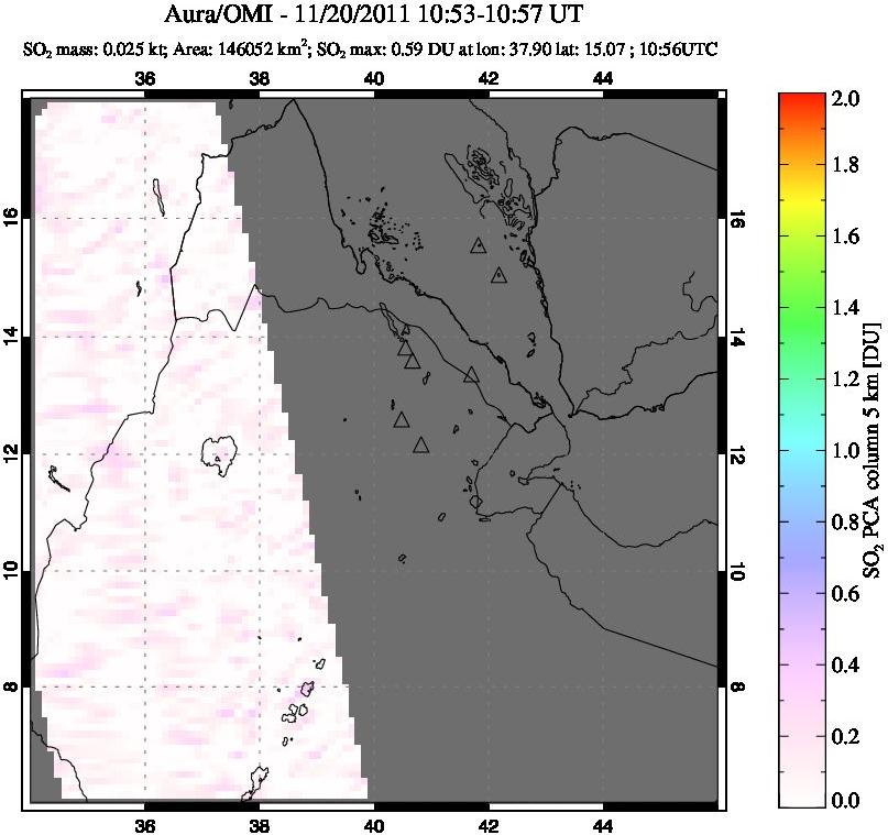 A sulfur dioxide image over Afar and southern Red Sea on Nov 20, 2011.