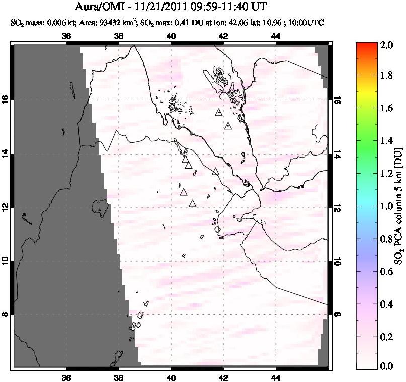A sulfur dioxide image over Afar and southern Red Sea on Nov 21, 2011.