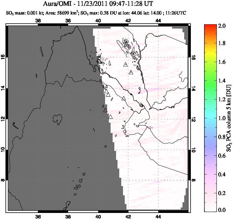 A sulfur dioxide image over Afar and southern Red Sea on Nov 23, 2011.