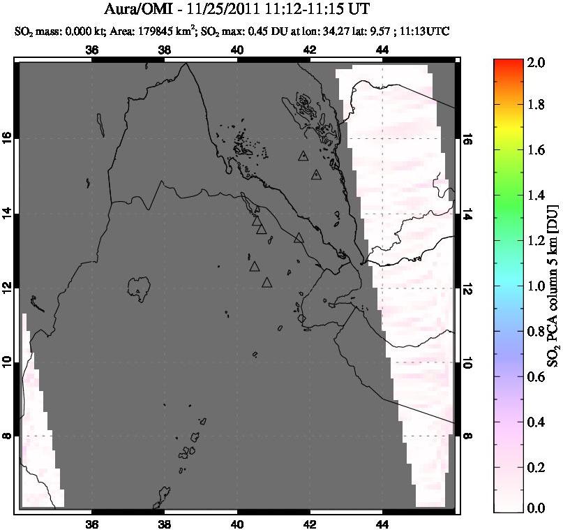 A sulfur dioxide image over Afar and southern Red Sea on Nov 25, 2011.