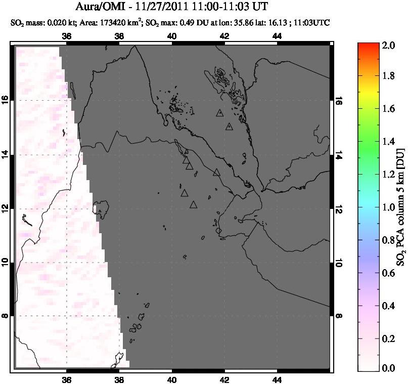 A sulfur dioxide image over Afar and southern Red Sea on Nov 27, 2011.