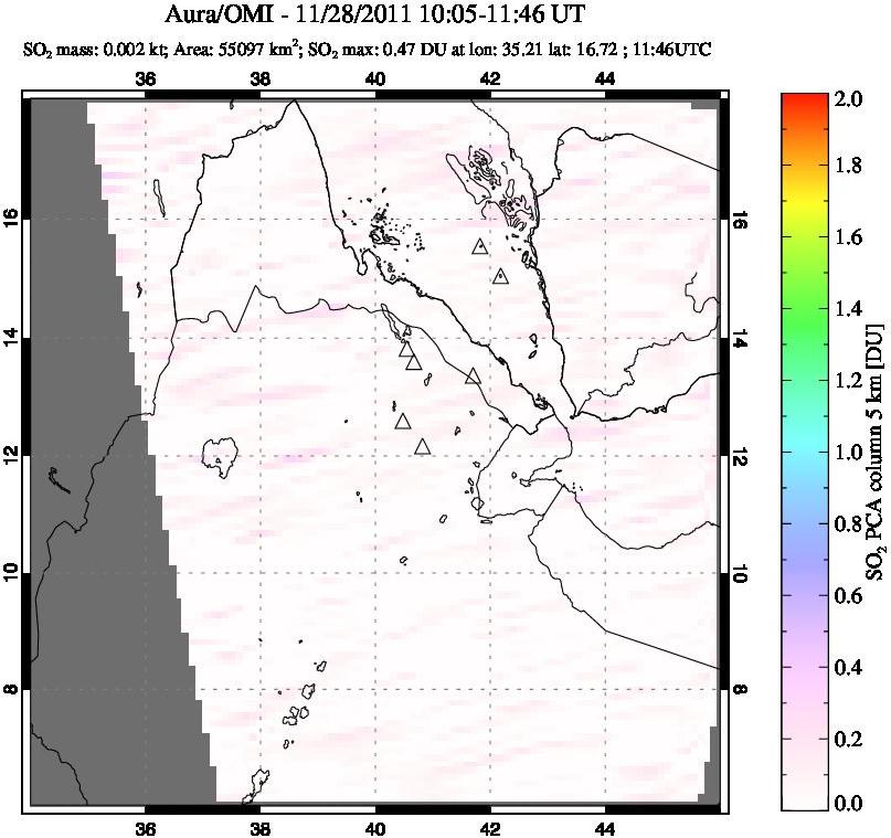 A sulfur dioxide image over Afar and southern Red Sea on Nov 28, 2011.