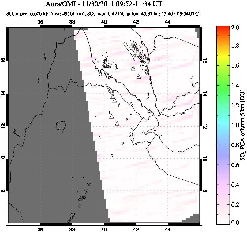 A sulfur dioxide image over Afar and southern Red Sea on Nov 30, 2011.