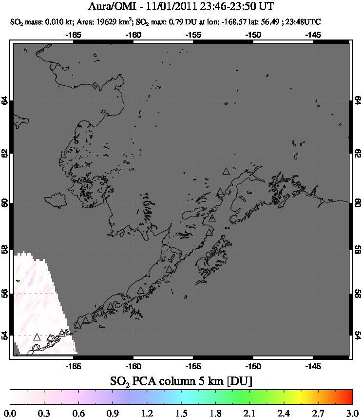 A sulfur dioxide image over Alaska, USA on Nov 01, 2011.