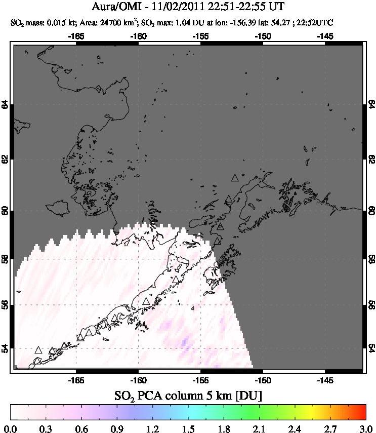 A sulfur dioxide image over Alaska, USA on Nov 02, 2011.