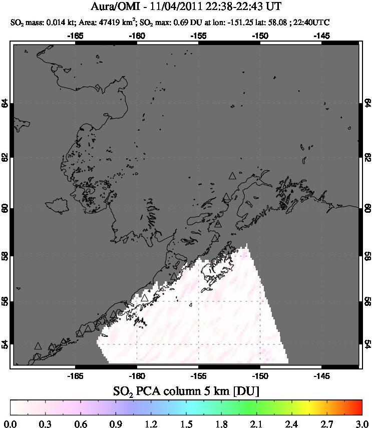 A sulfur dioxide image over Alaska, USA on Nov 04, 2011.