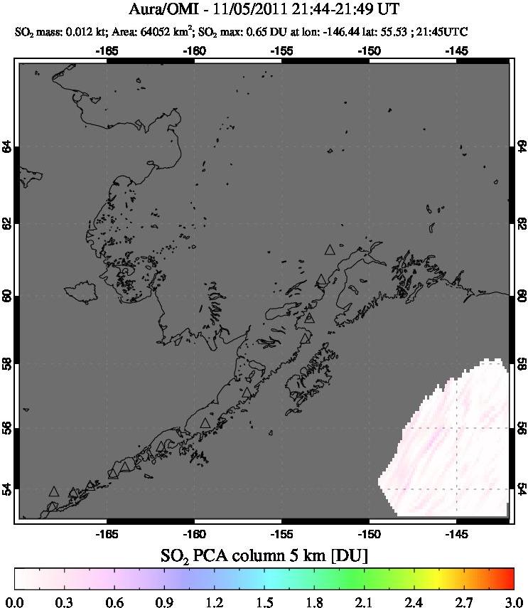 A sulfur dioxide image over Alaska, USA on Nov 05, 2011.