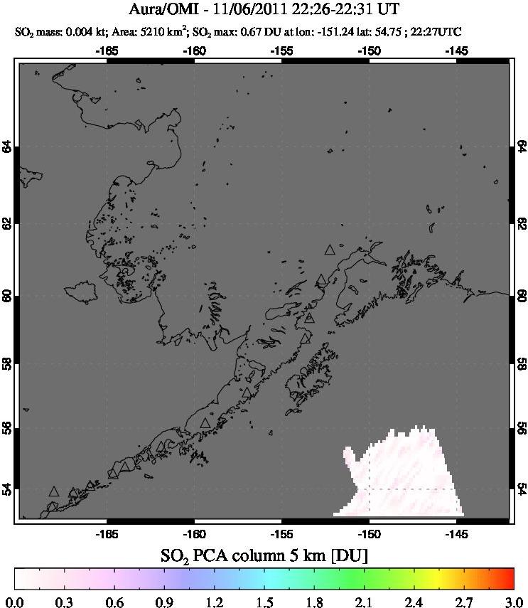 A sulfur dioxide image over Alaska, USA on Nov 06, 2011.