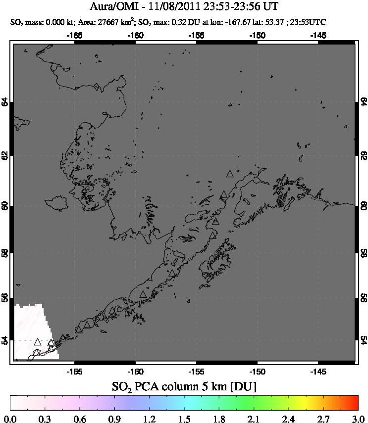 A sulfur dioxide image over Alaska, USA on Nov 08, 2011.