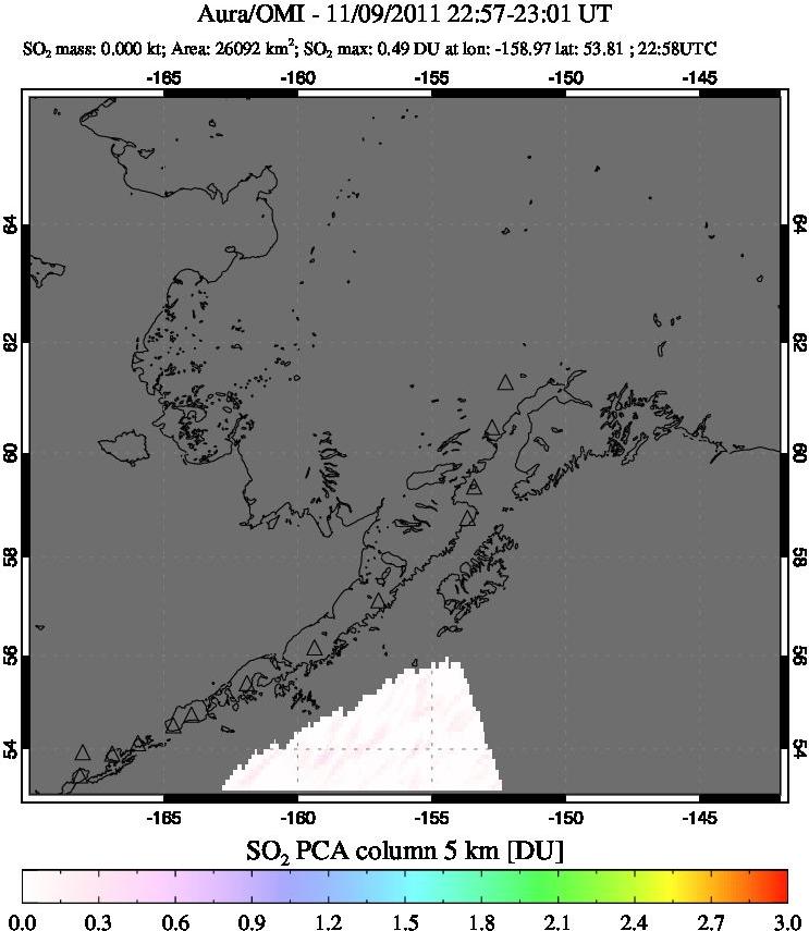 A sulfur dioxide image over Alaska, USA on Nov 09, 2011.