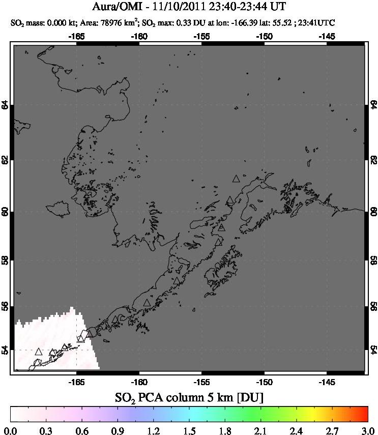 A sulfur dioxide image over Alaska, USA on Nov 10, 2011.