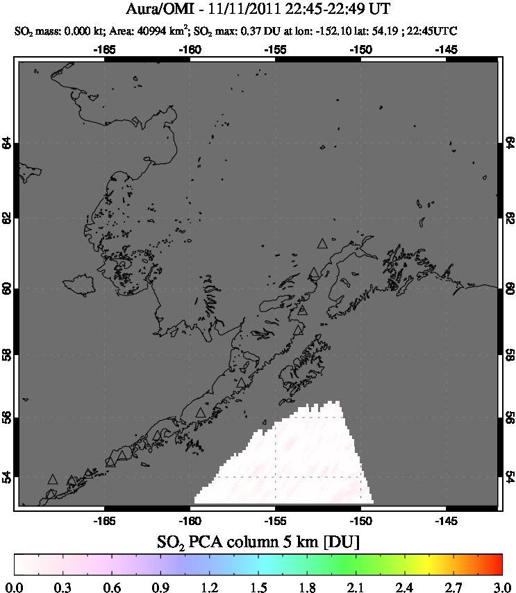 A sulfur dioxide image over Alaska, USA on Nov 11, 2011.