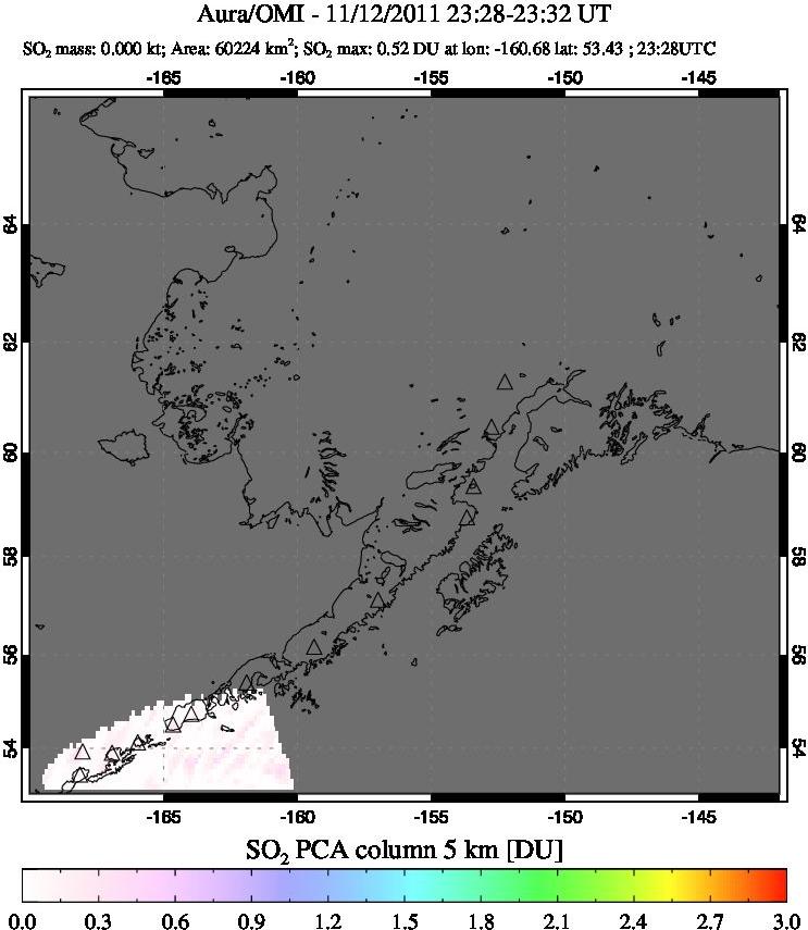 A sulfur dioxide image over Alaska, USA on Nov 12, 2011.