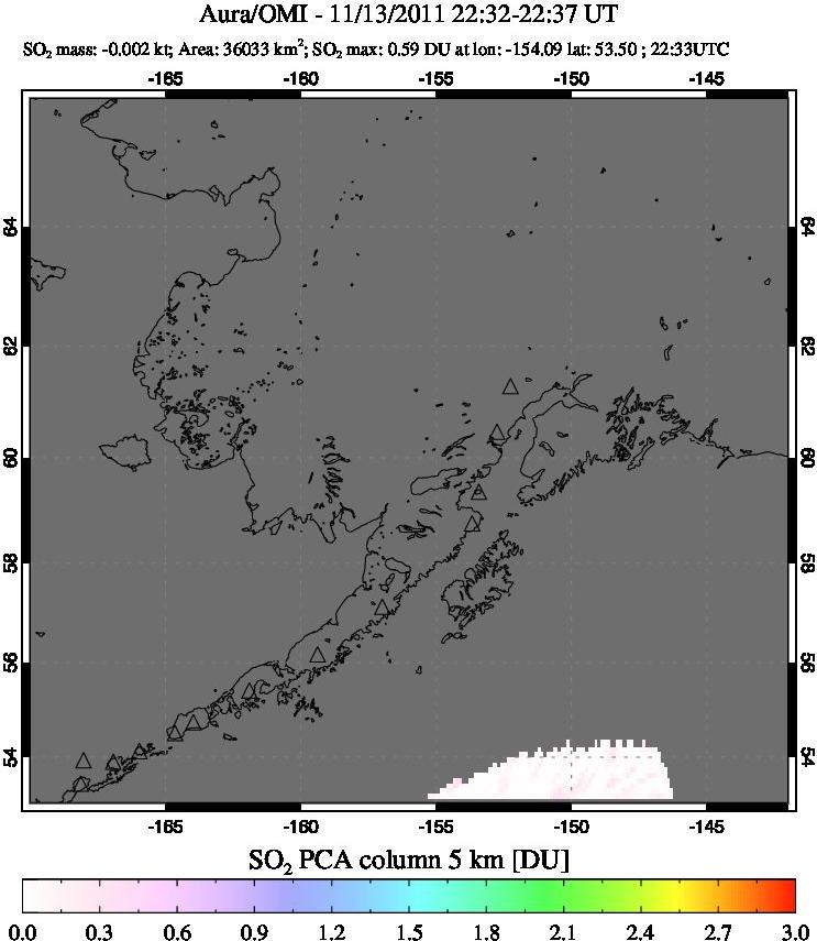A sulfur dioxide image over Alaska, USA on Nov 13, 2011.