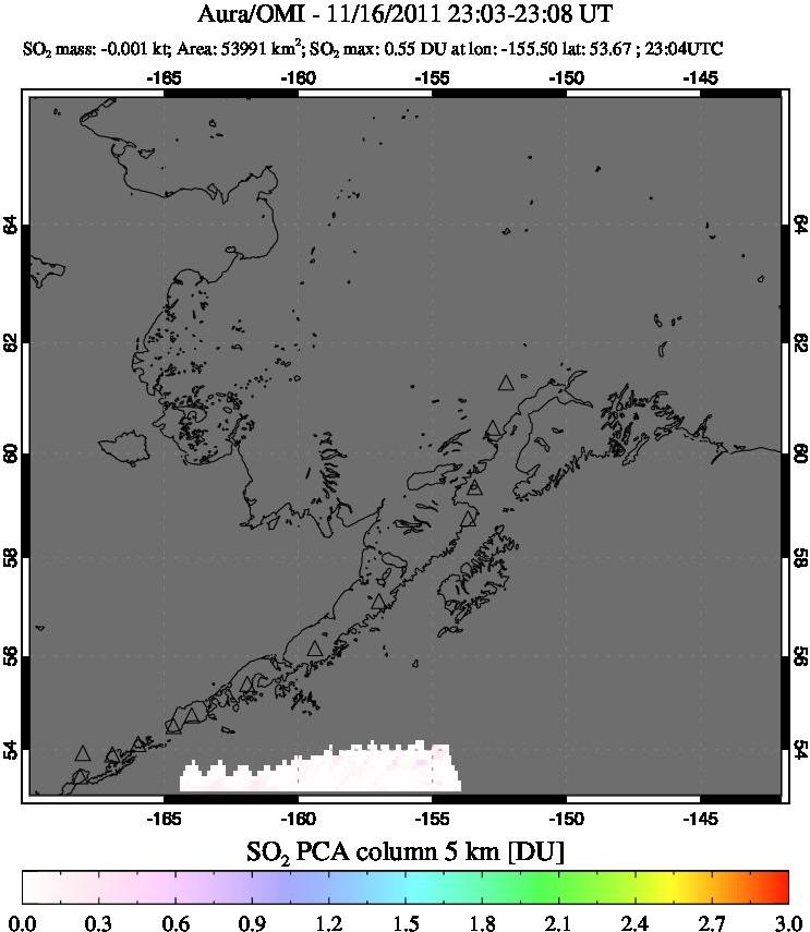 A sulfur dioxide image over Alaska, USA on Nov 16, 2011.