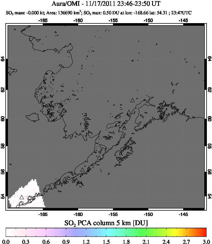 A sulfur dioxide image over Alaska, USA on Nov 17, 2011.
