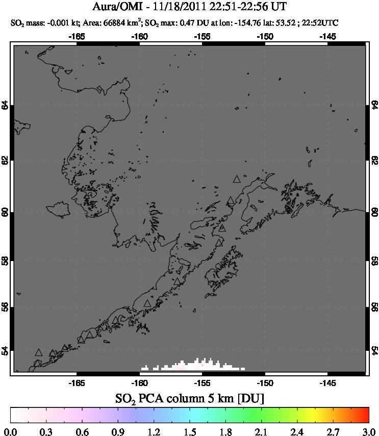 A sulfur dioxide image over Alaska, USA on Nov 18, 2011.