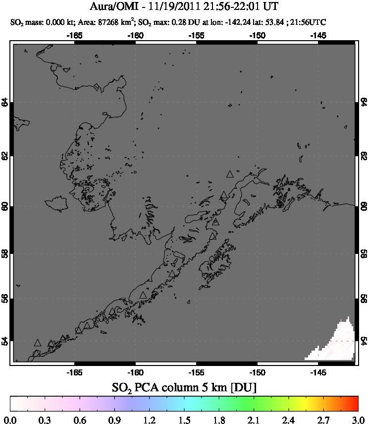 A sulfur dioxide image over Alaska, USA on Nov 19, 2011.