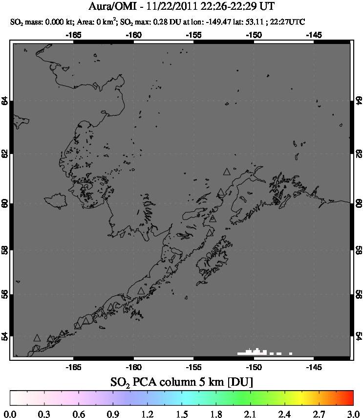 A sulfur dioxide image over Alaska, USA on Nov 22, 2011.