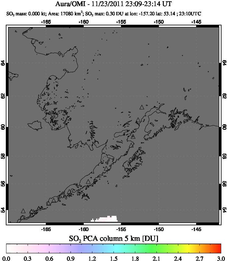 A sulfur dioxide image over Alaska, USA on Nov 23, 2011.