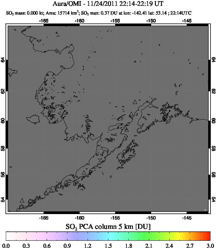 A sulfur dioxide image over Alaska, USA on Nov 24, 2011.