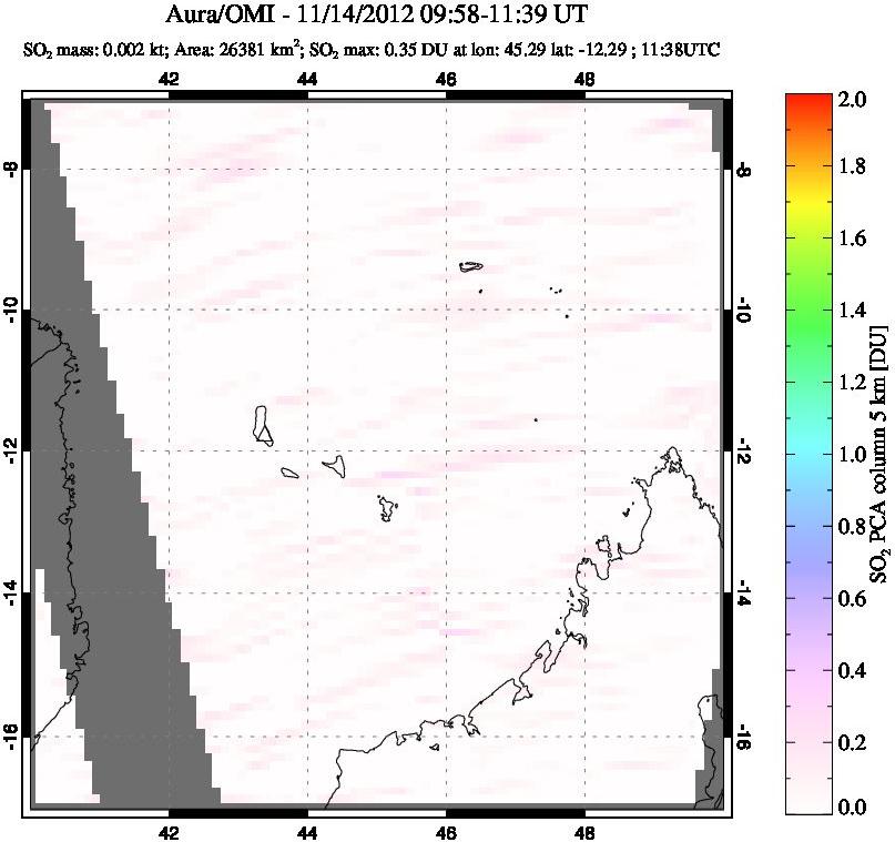 A sulfur dioxide image over Comoro Islands on Nov 14, 2012.