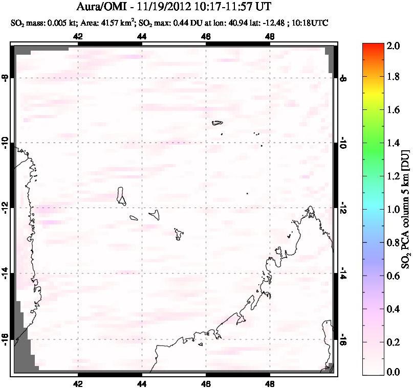 A sulfur dioxide image over Comoro Islands on Nov 19, 2012.