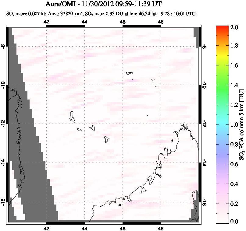 A sulfur dioxide image over Comoro Islands on Nov 30, 2012.